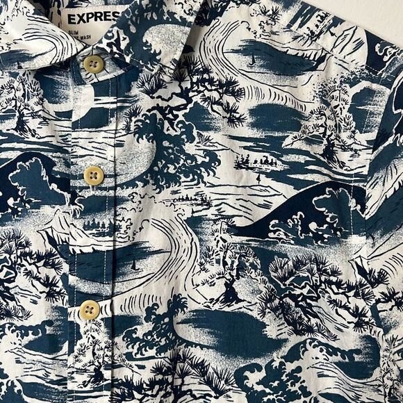 Express Men’s Medium Short Sleeve Button Down Camp Hawaiian Shirt Slim Soft Wash - Picture 2 of 6